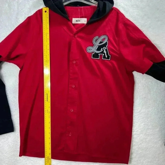 Hollister L Mens NWT LA California Ball Jersey Red Hooded Button Up Sweatshirt - Picture 7 of 9